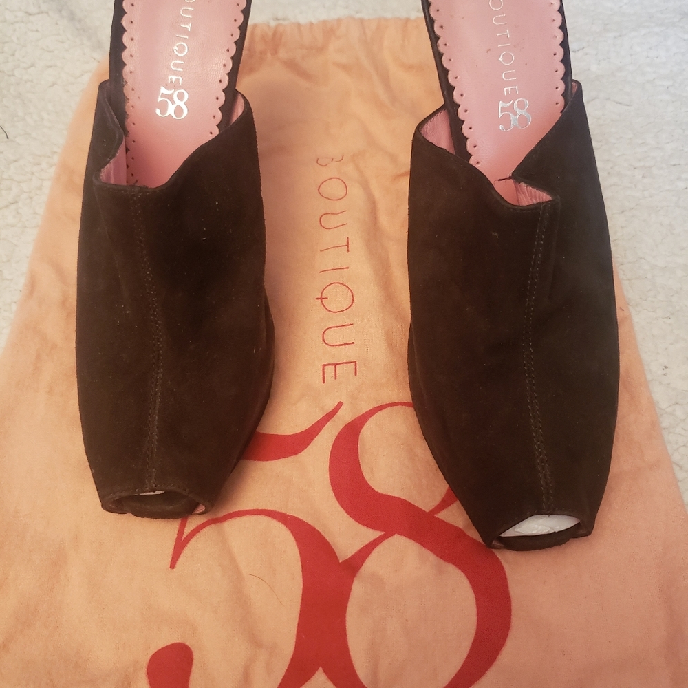 Boutique 58 brown suede mules 4.5 inch heel size 10 (gently worn)